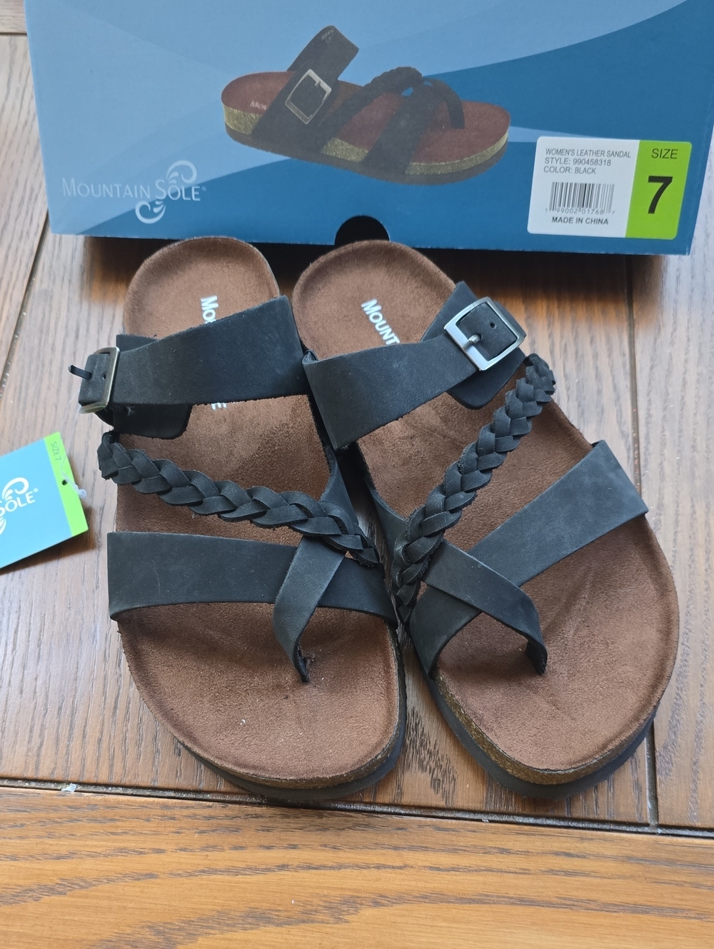 Mountain Sole NIB Black Leather Braided Footbed Sandals Size 7